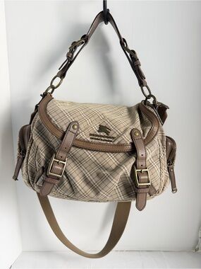 Burberry Tan & Brown Plaid Canvas Saddle Bag